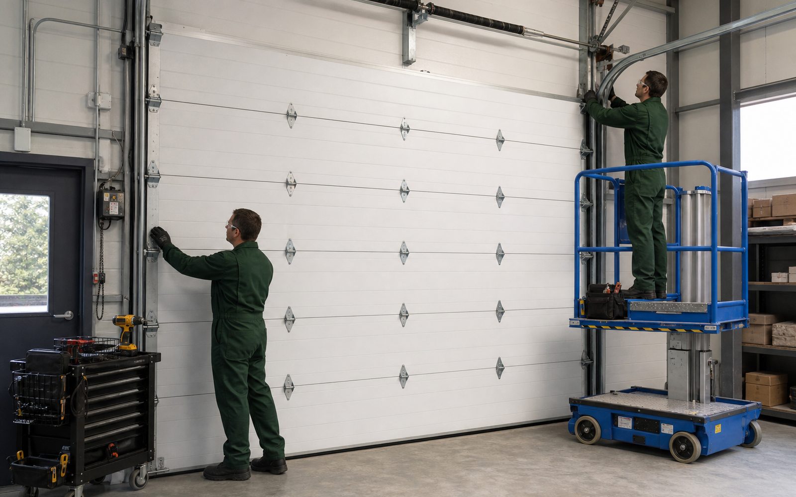 Two Reliance technicians installing a sectional commercial garage door and its torsion shaft