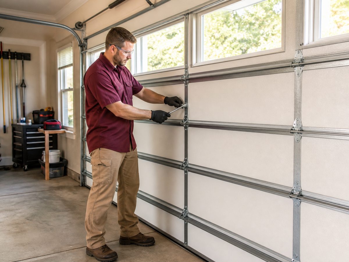 Technician tightening hinge and track hardware on a residential garage door