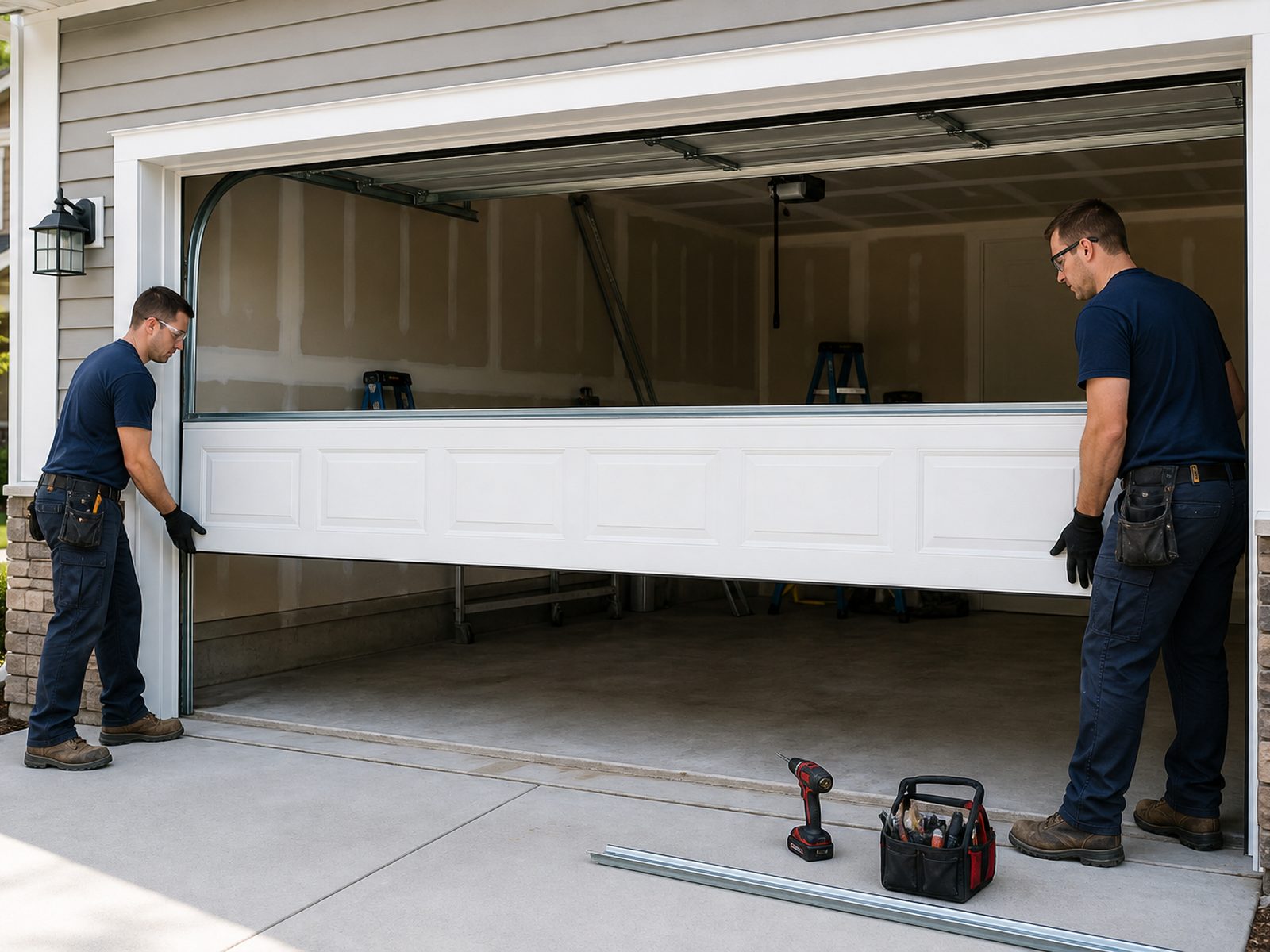 Two technicians lifting a new white raised-panel garage door section into the opening of a home