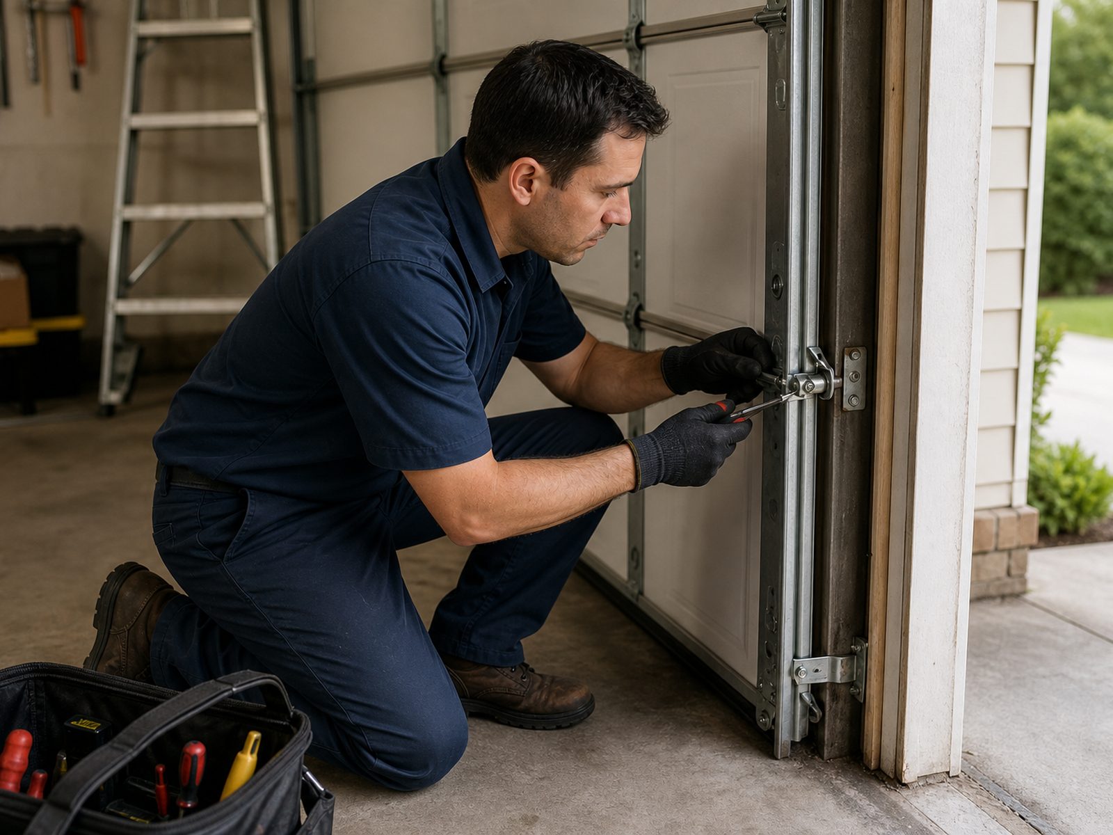 Reliance technician repairing a garage door track and hinge bracket at the door jamb