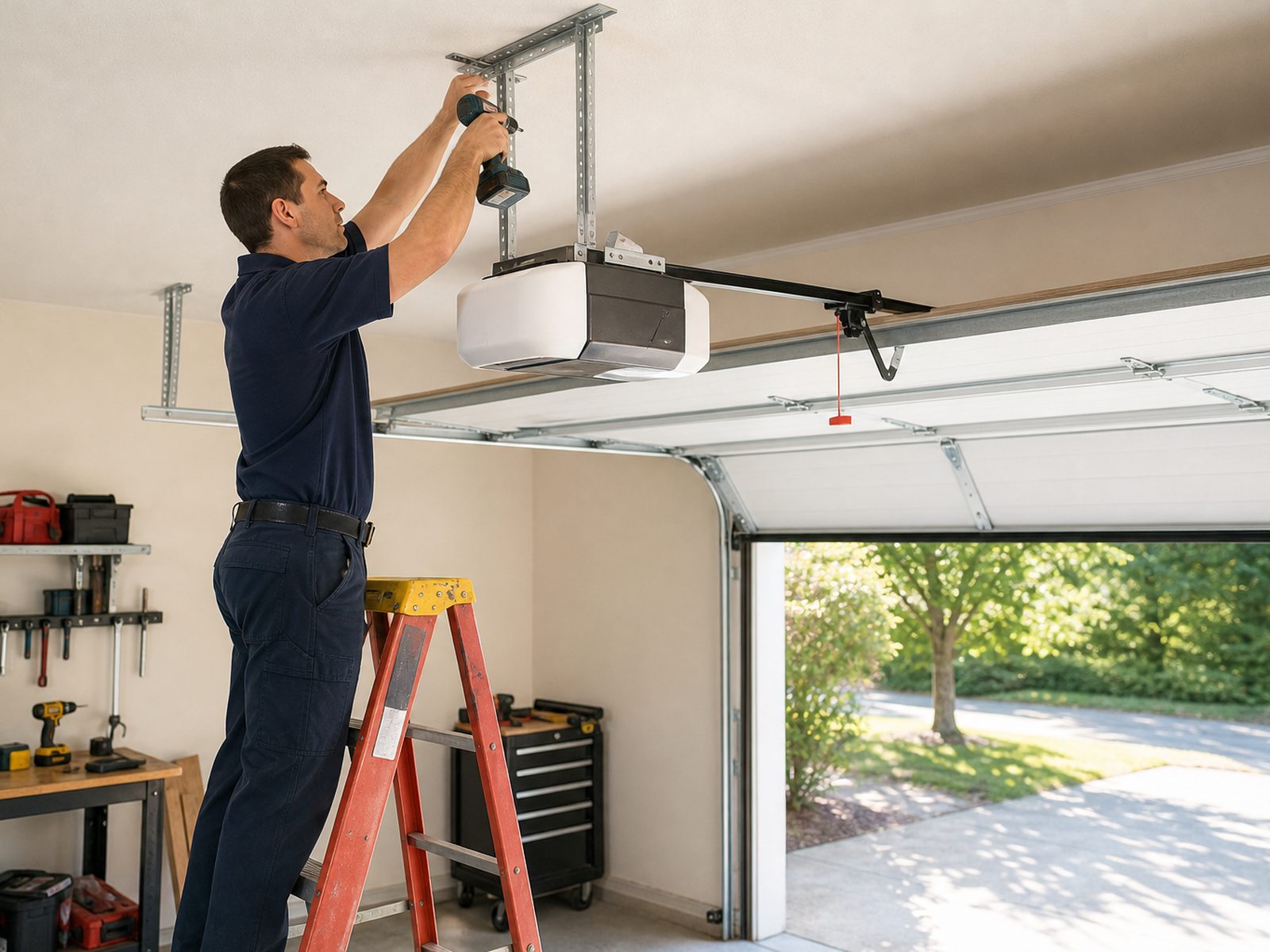 Technician on a ladder mounting a new garage door opener and rail to the garage ceiling